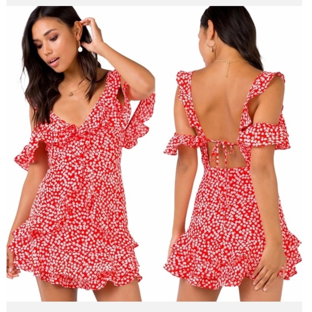 NWT Princess Polly Dare To Dream Mini Dress Red Floral Ruffle Cold Shoulder US 8